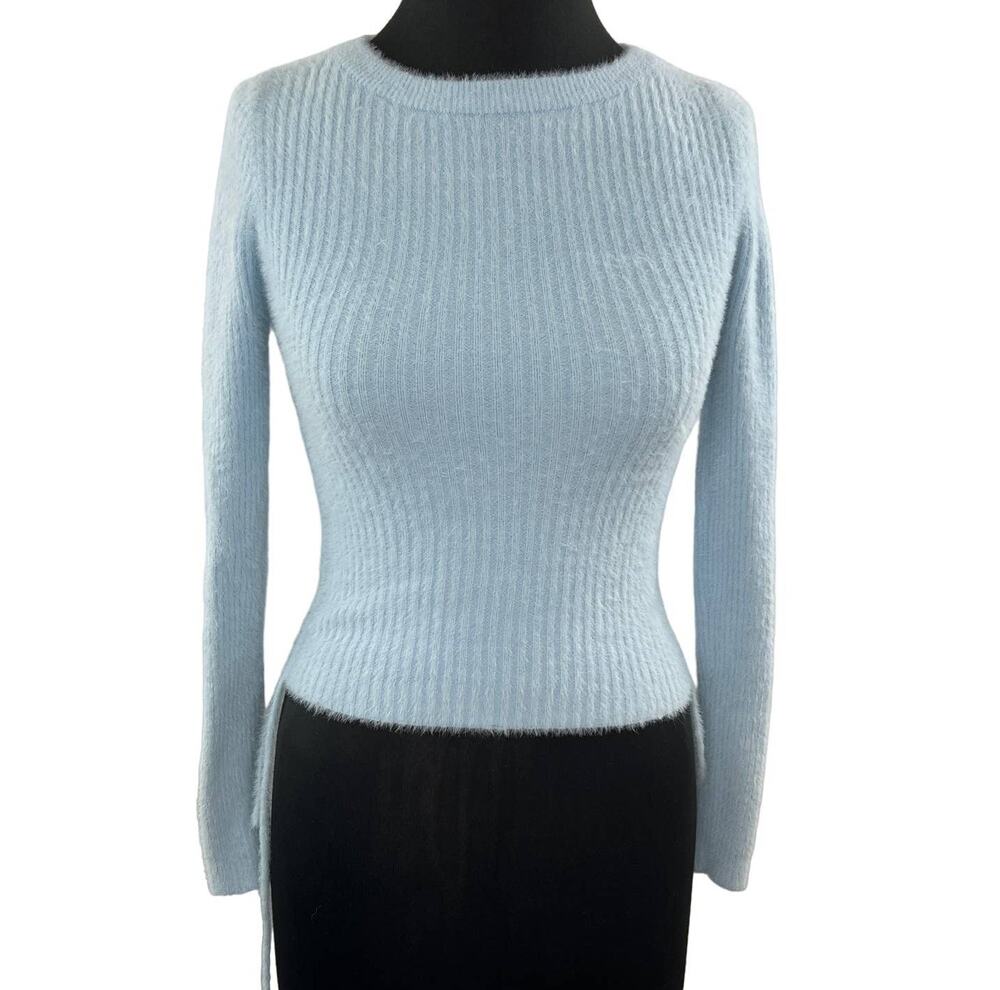 Princess Polly Light Blue Fuzzy Ribbed-Knit Crew Pullover Sweater Cotton XS/S